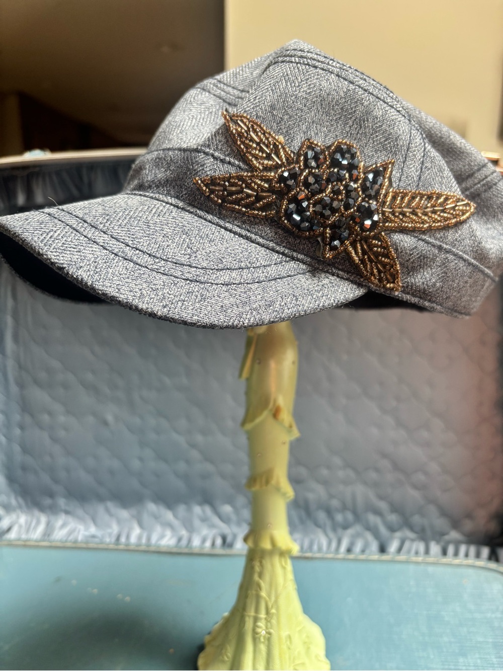 Embellished Gray Women's Cap with Beaded Applique